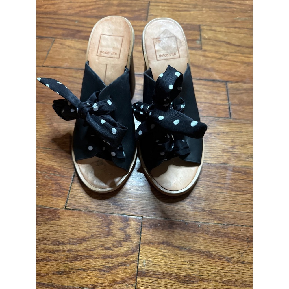 Dolce Vita Womens Black Leather Polka Dot Bow Heeled Mules Block Heel Sandals‎ 6
